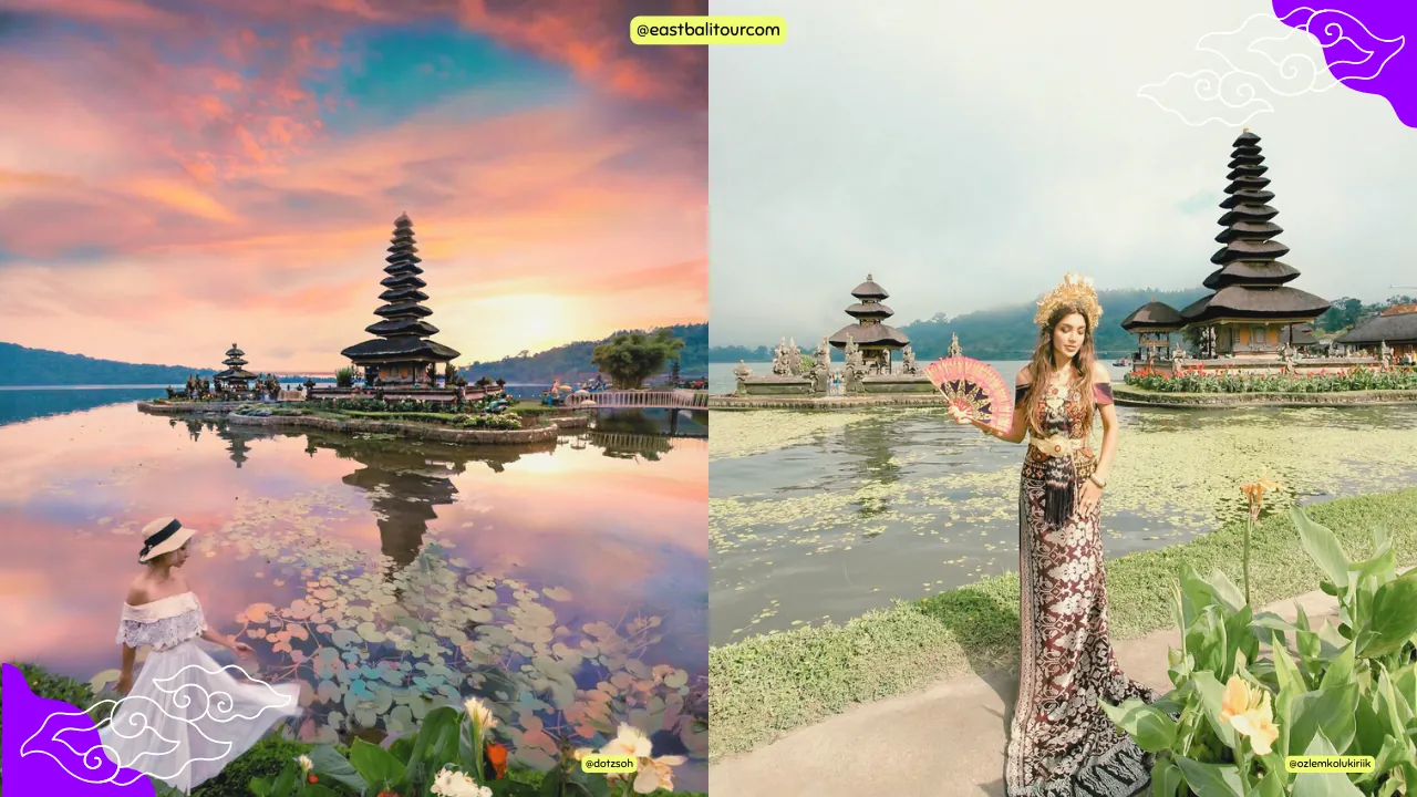 Ulun Danu Beratan Temple on the serene Lake Beratan surrounded by mountains in Bali