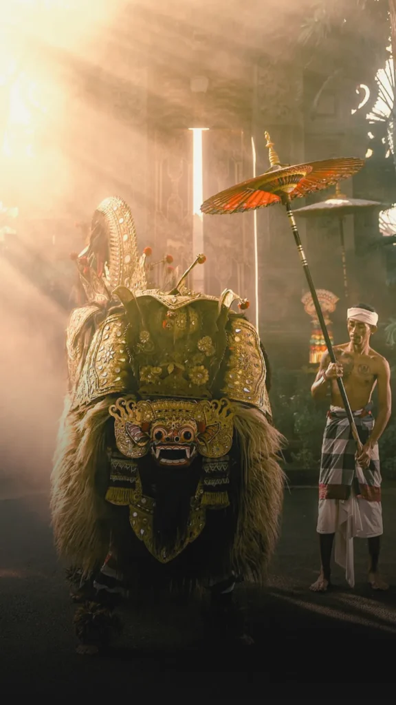 Barong and Keris dancers performing in traditional Balinese costumes during a cultural tour in Bali.
