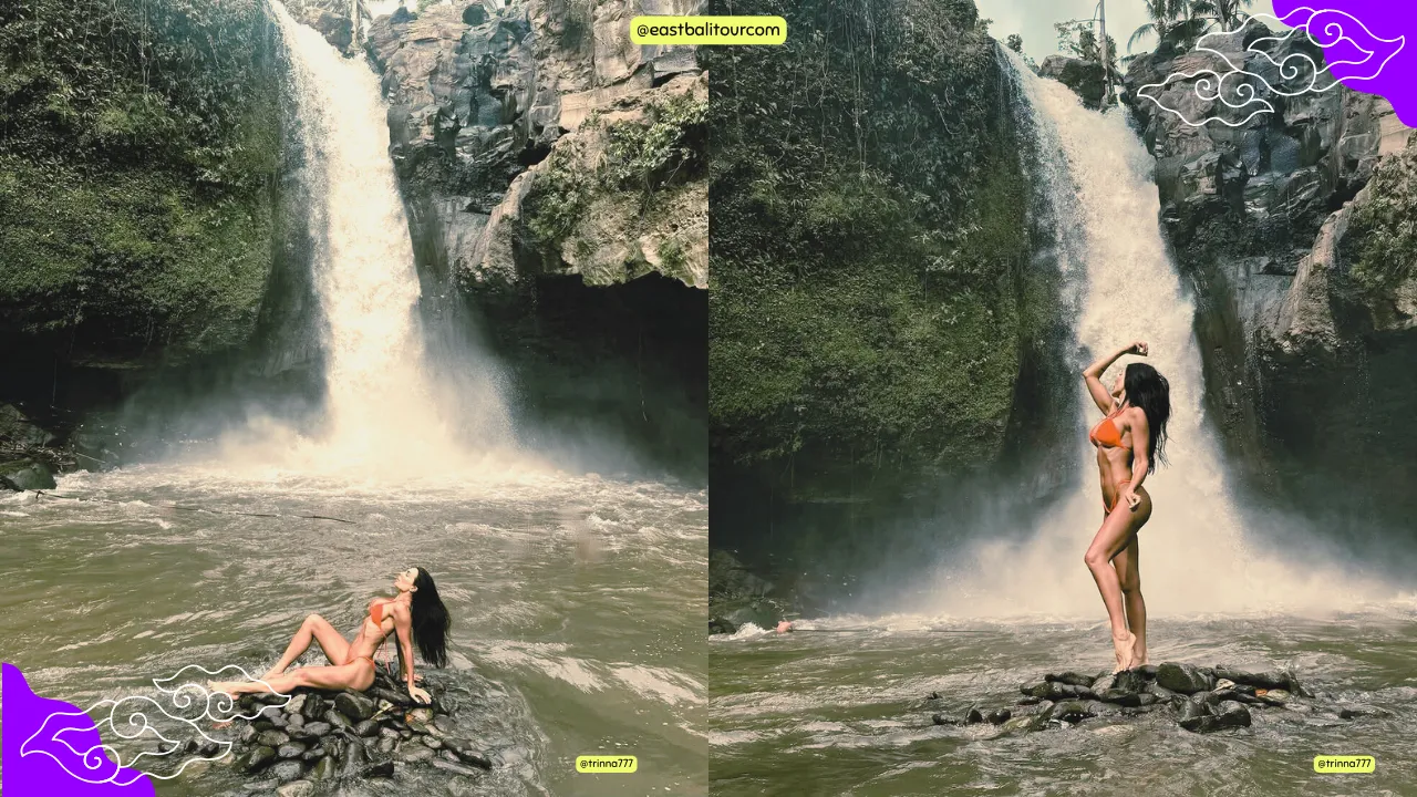 Lush tropical view of Tegenungan Waterfall cascading into a serene jungle pool, surrounded by greenery in Gianyar, Bali.