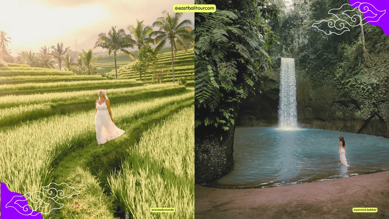 Ubud Bali Driver - Custom Tour 4 A traveler walking through the lush rice terraces of Tegallalang and visiting a serene temple in Central Bali during a personalized custom tour.