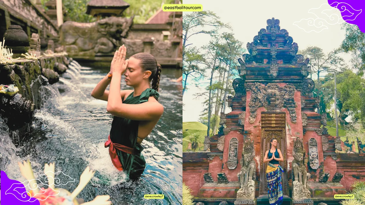 Bali Full Day Tour - Traditional Village Trip 4 Visitors performing Melukat purification ritual at Tirta Empul Temple’s sacred spring pools in Bali