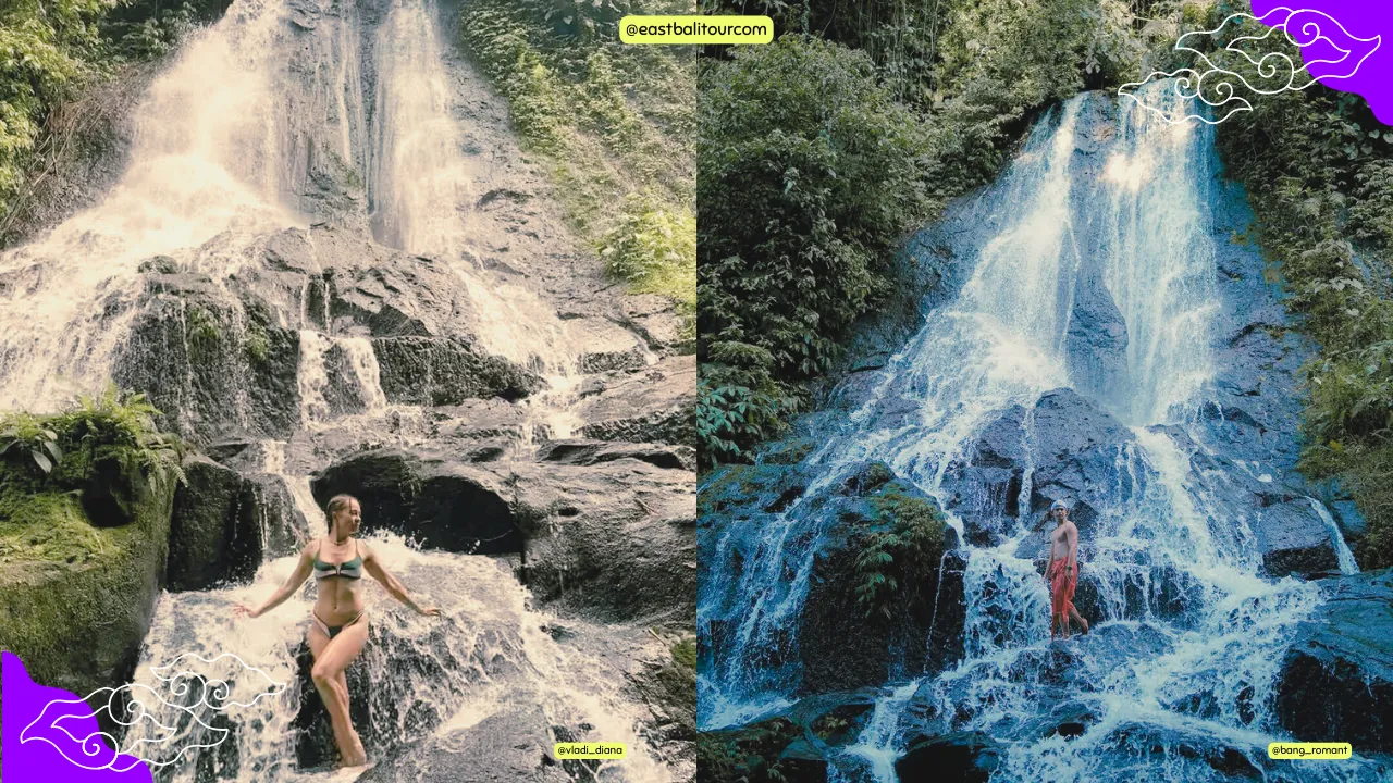 Private Bali Tour Packages - Hidden Gems of Bali in One Day 2 Goa Giri Campuhan Waterfall cascading through lush jungle in Bali, captured during a serene private tour.