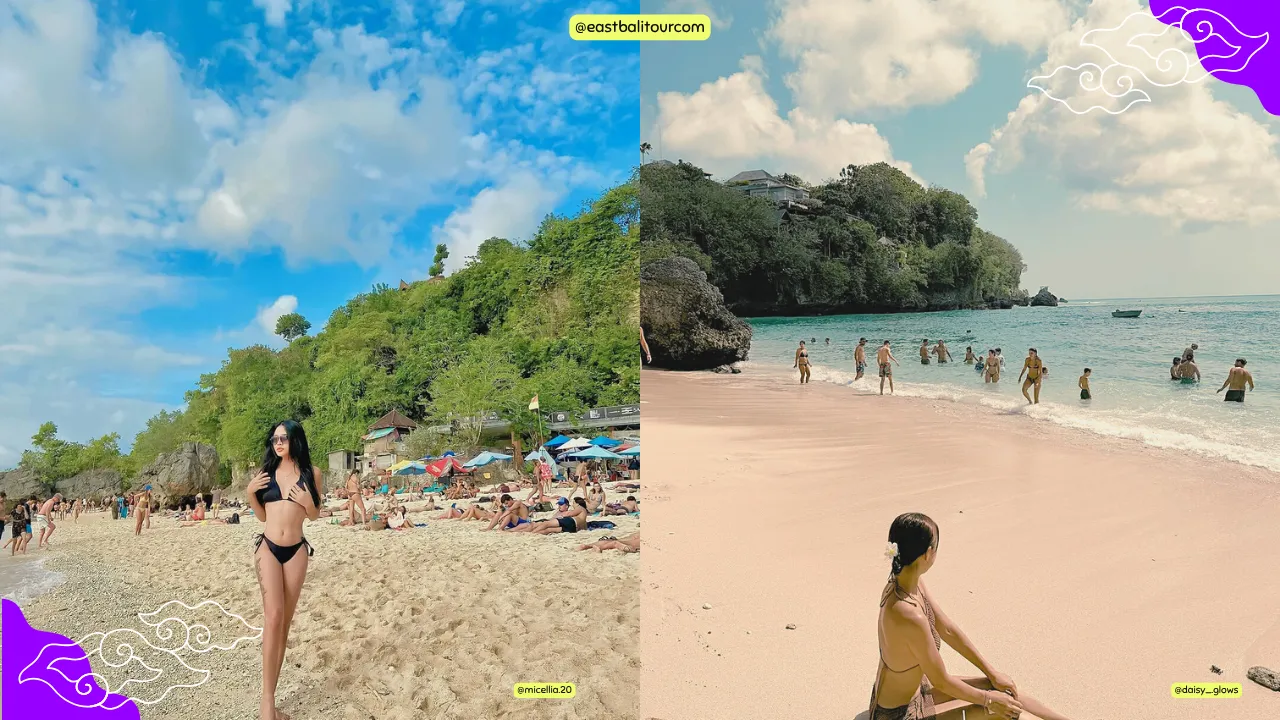 Padang Padang Beach nestled between limestone cliffs with turquoise water and soft white sand, viewed from above
