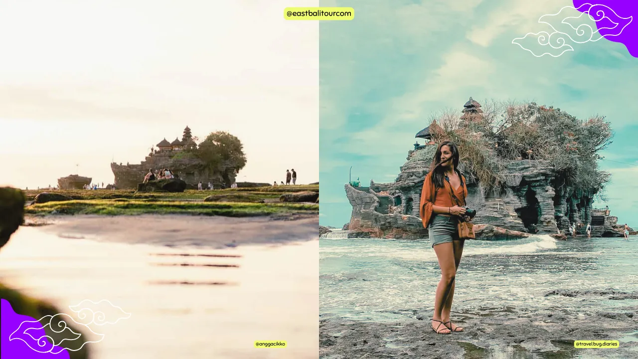 Tanah Lot Temple at sunset and Ulun Danu Bratan Temple on Lake Beratan—two of Bali’s most revered spiritual landmarks.
