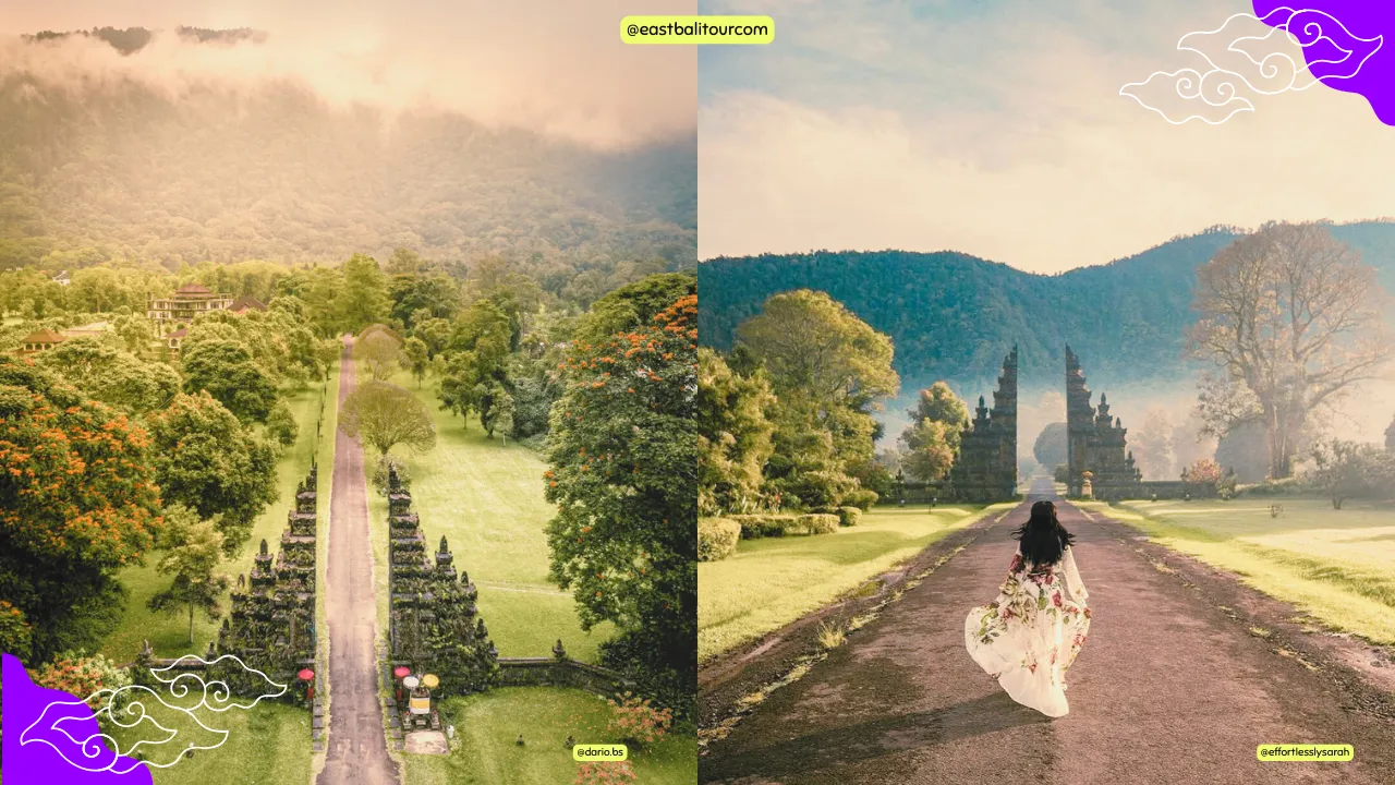Handara Gate in North Bali with misty mountain backdrop and lush greenery.