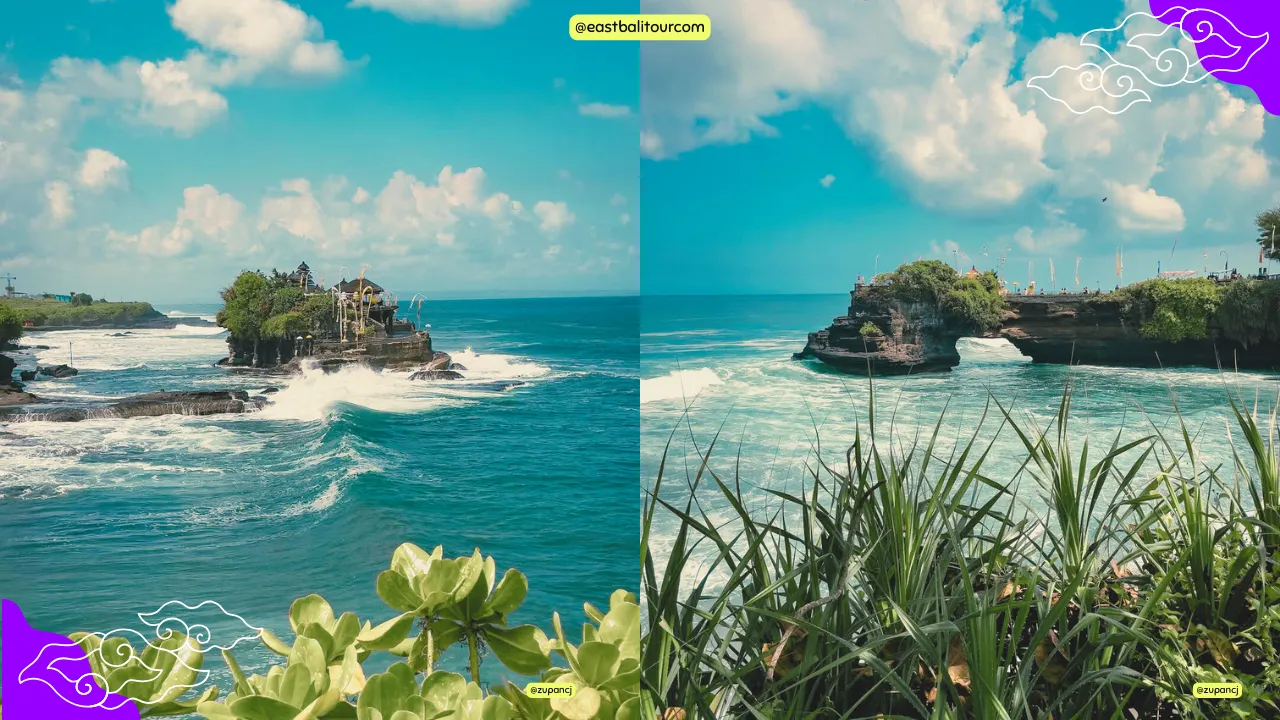 Tanah Lot Temple at sunset and Ulun Danu Bratan Temple on Lake Beratan—two cultural highlights of Bali’s temple tour experience.
