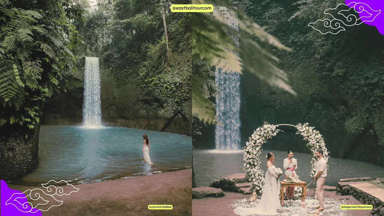 Ubud Waterfalls Tour 3 Traveler standing at Tibumana Waterfall surrounded by lush jungle—part of a scenic day tour exploring Ubud’s natural gems.