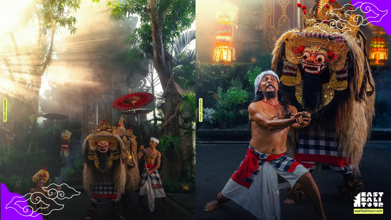 Ubud Barong dance performance with ornate costumes and traditional Balinese masks