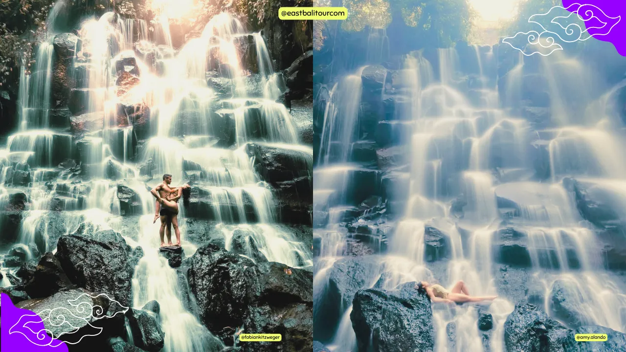 Ubud Private Tour – Waterfall Wonders & Cultural Gems 3 Visitors enjoying the multi-stream cascade of Kanto Lampo Waterfall during a private Ubud tour