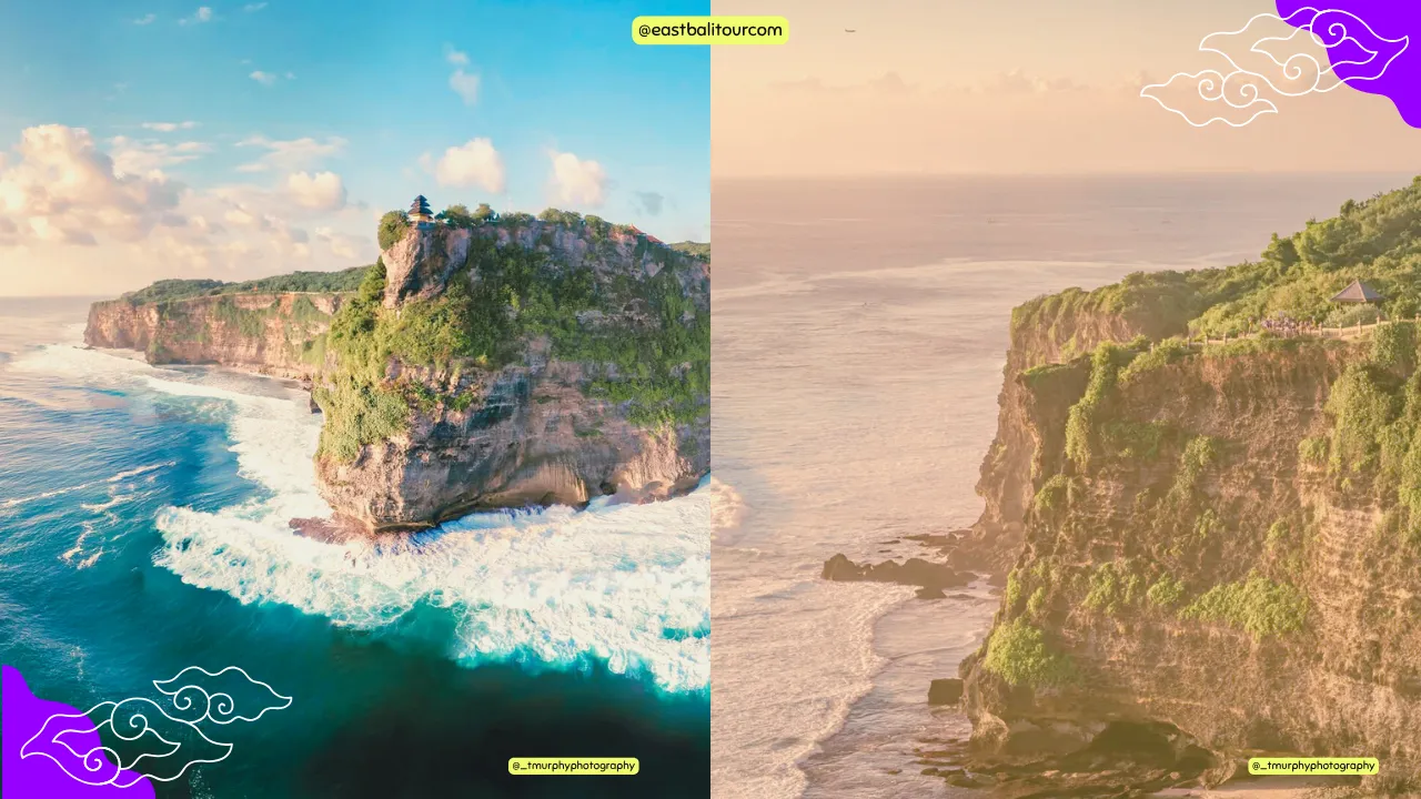 Traveler admiring Uluwatu Temple perched on a cliff during sunset, with Kecak fire dance performance nearby