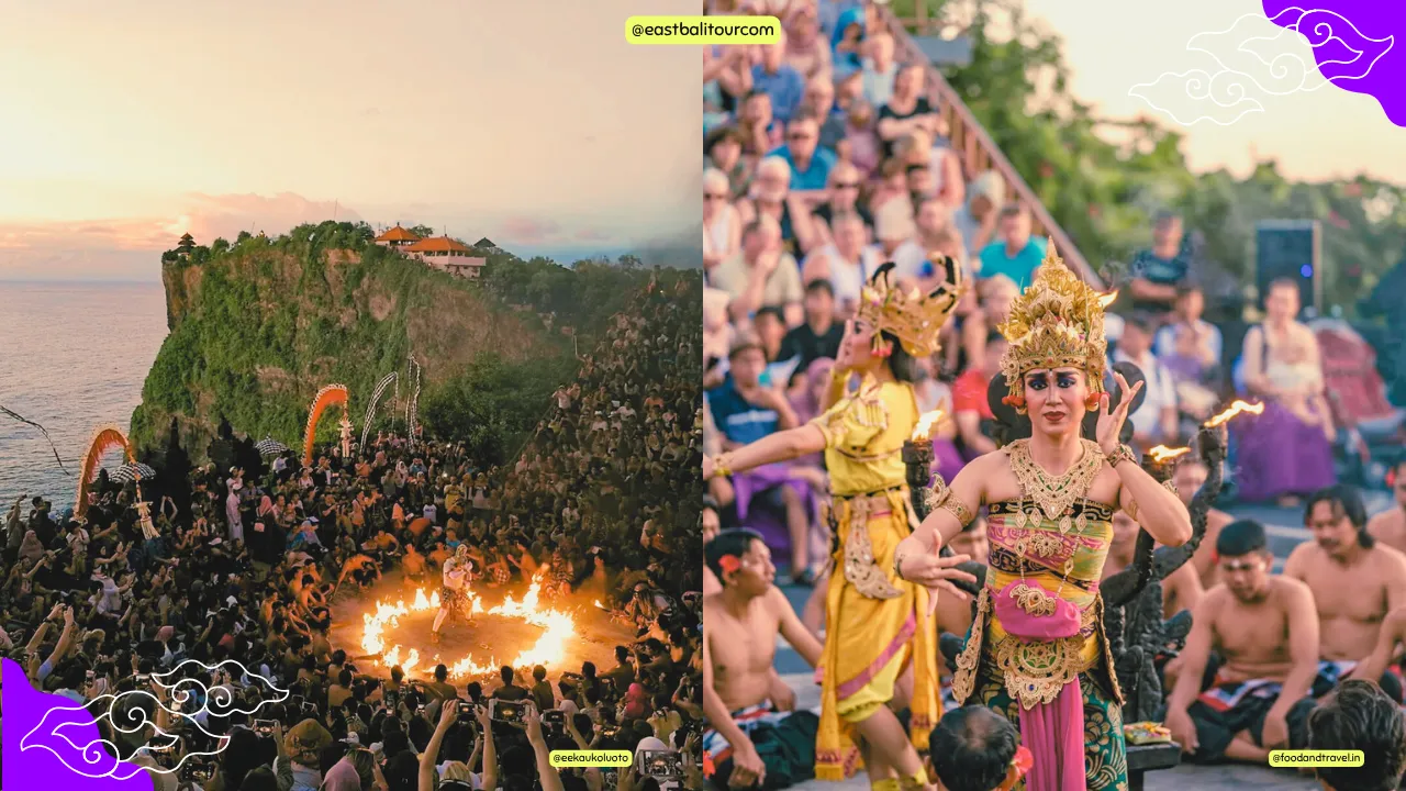 Balinese Kecak dancers performing at Uluwatu Temple during sunset, with firelight illuminating the cliffside stage