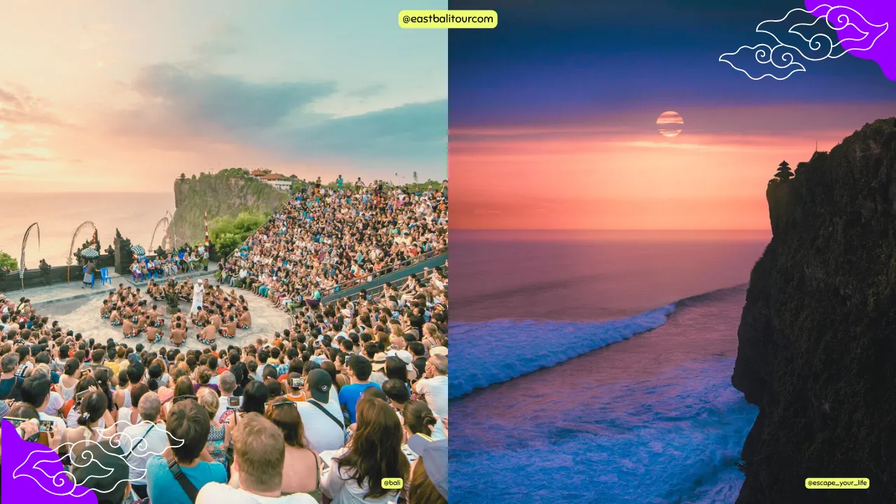 Traveler watching the sunset from Uluwatu Temple’s cliffside, with the Indian Ocean glowing beneath and Kecak dancers preparing nearby