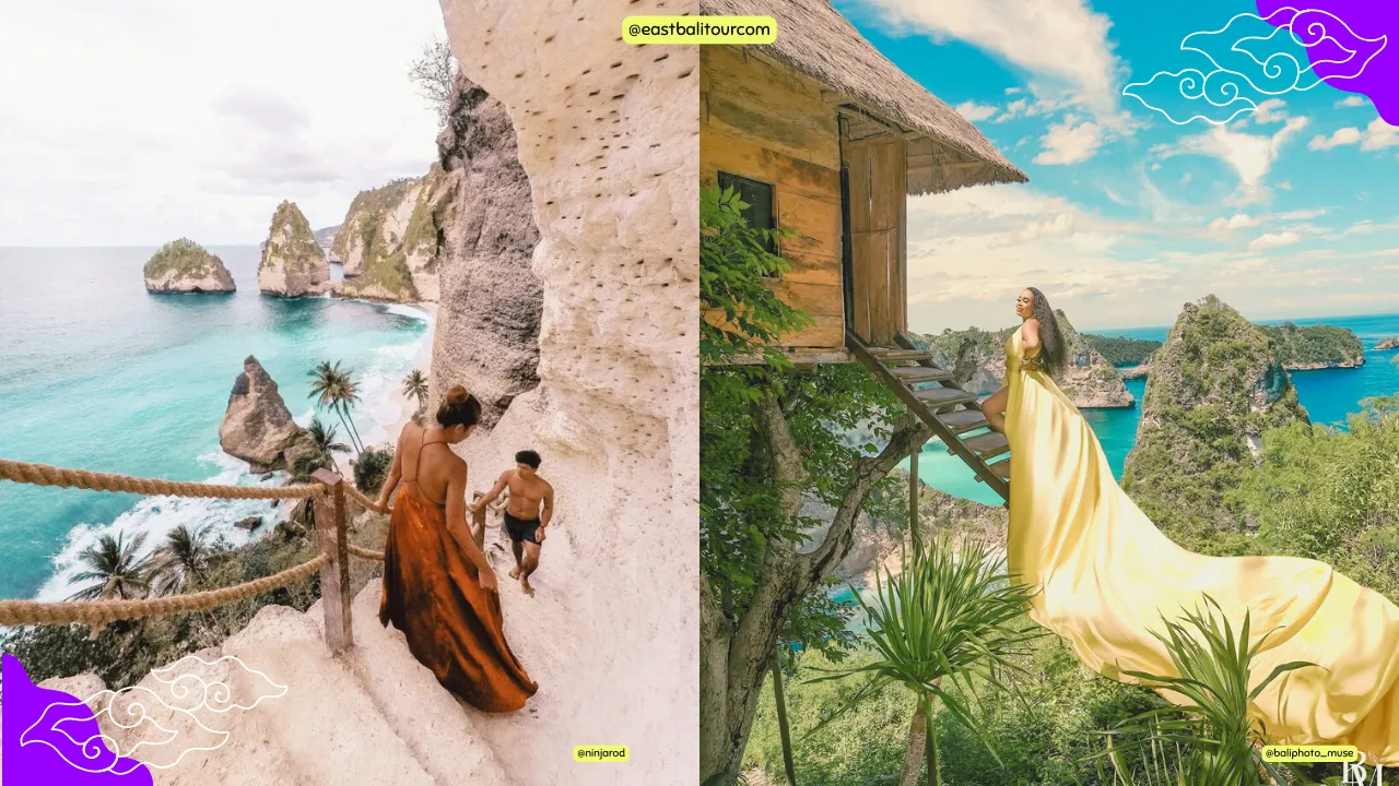 Viajero posando en el acantilado de Kelingking Beach en Nusa Penida, con aguas turquesas al fondo, durante un tour personalizado desde Bali.