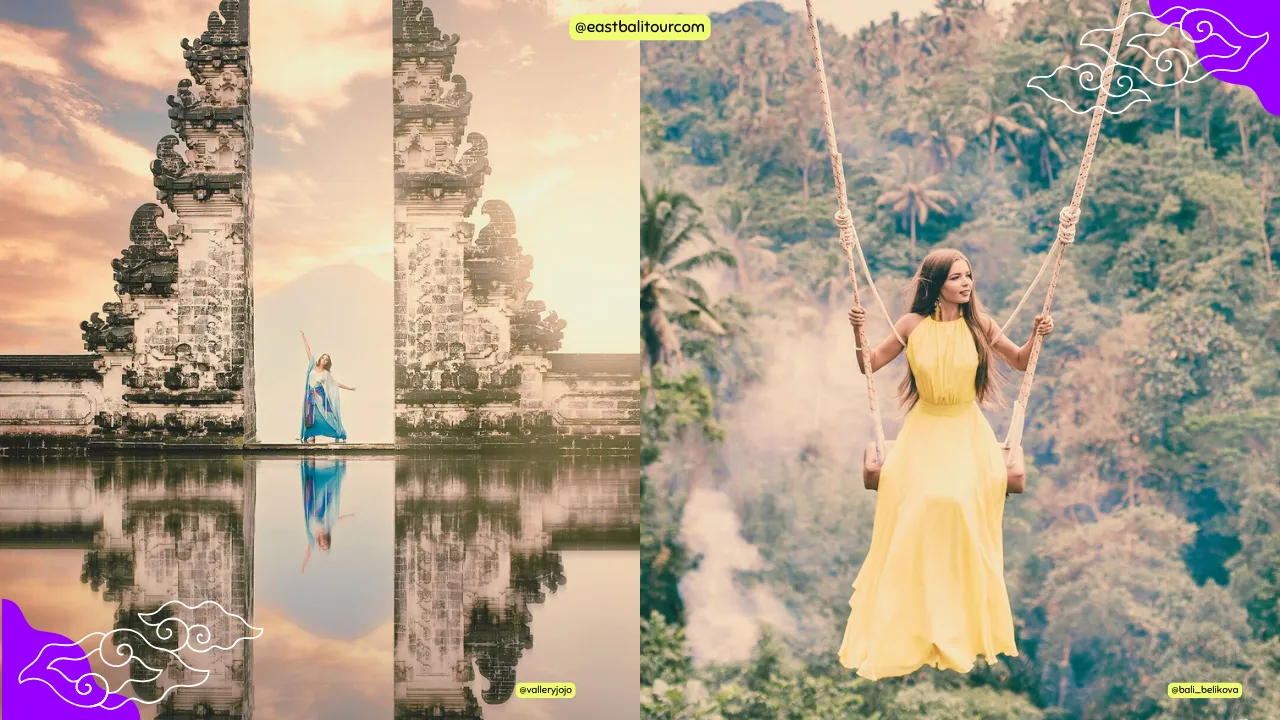 Viajero posando frente a la Puerta del Cielo en el templo de Lempuyang, con el monte Agung al fondo, seguido de un paseo por los jardines acuáticos de Tirta Gangga.