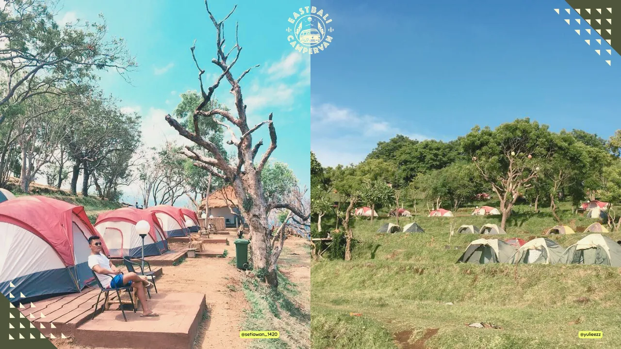 Area camping Bukit Asah Karangasem dengan padang rumput hijau luas