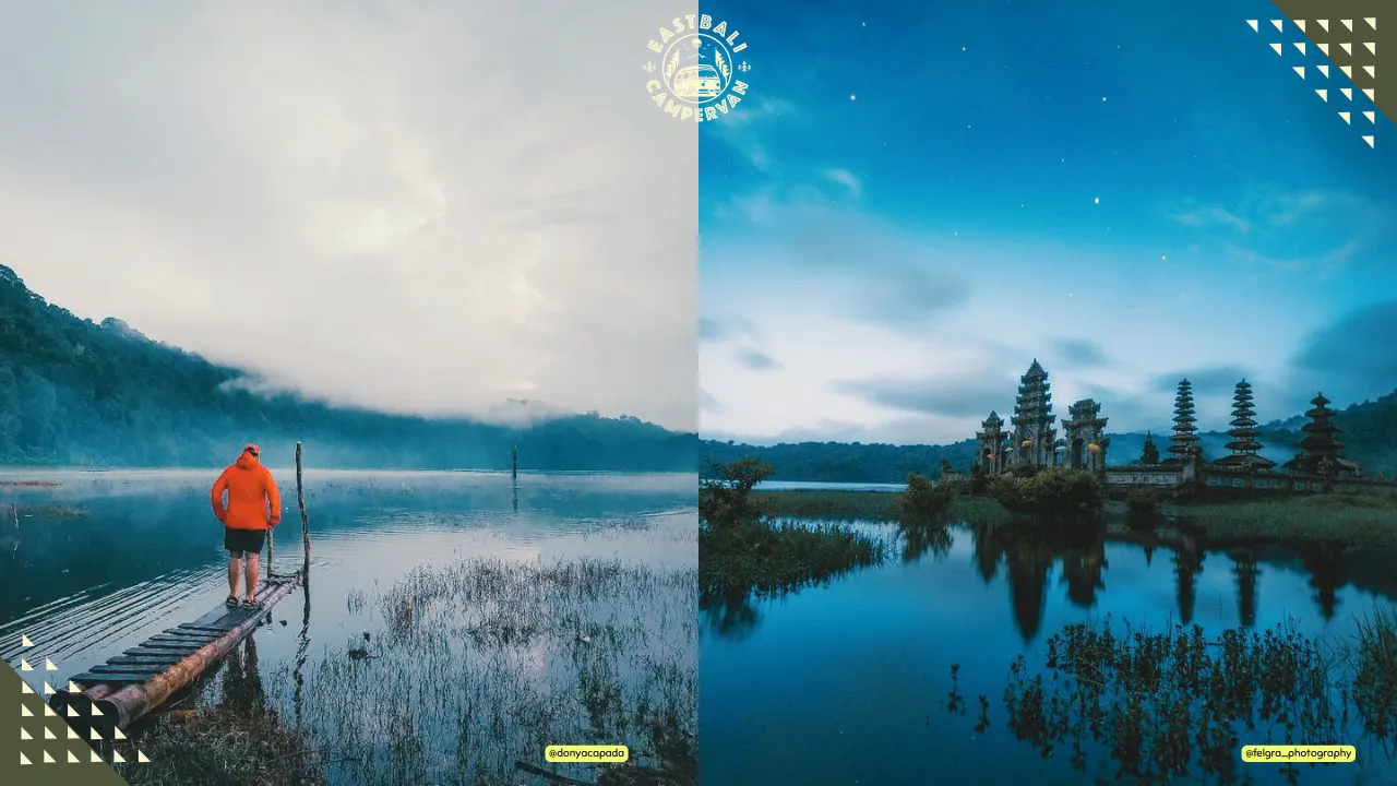 Danau Tamblingan Bali – camping ground alami di Bali Utara dengan kabut pagi, pura kuno, dan panorama danau jernih.