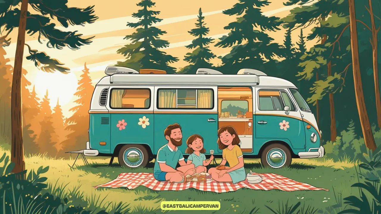 Keluarga menikmati camping bersama anak di tengah hutan Bali dengan tenda dan api unggun.