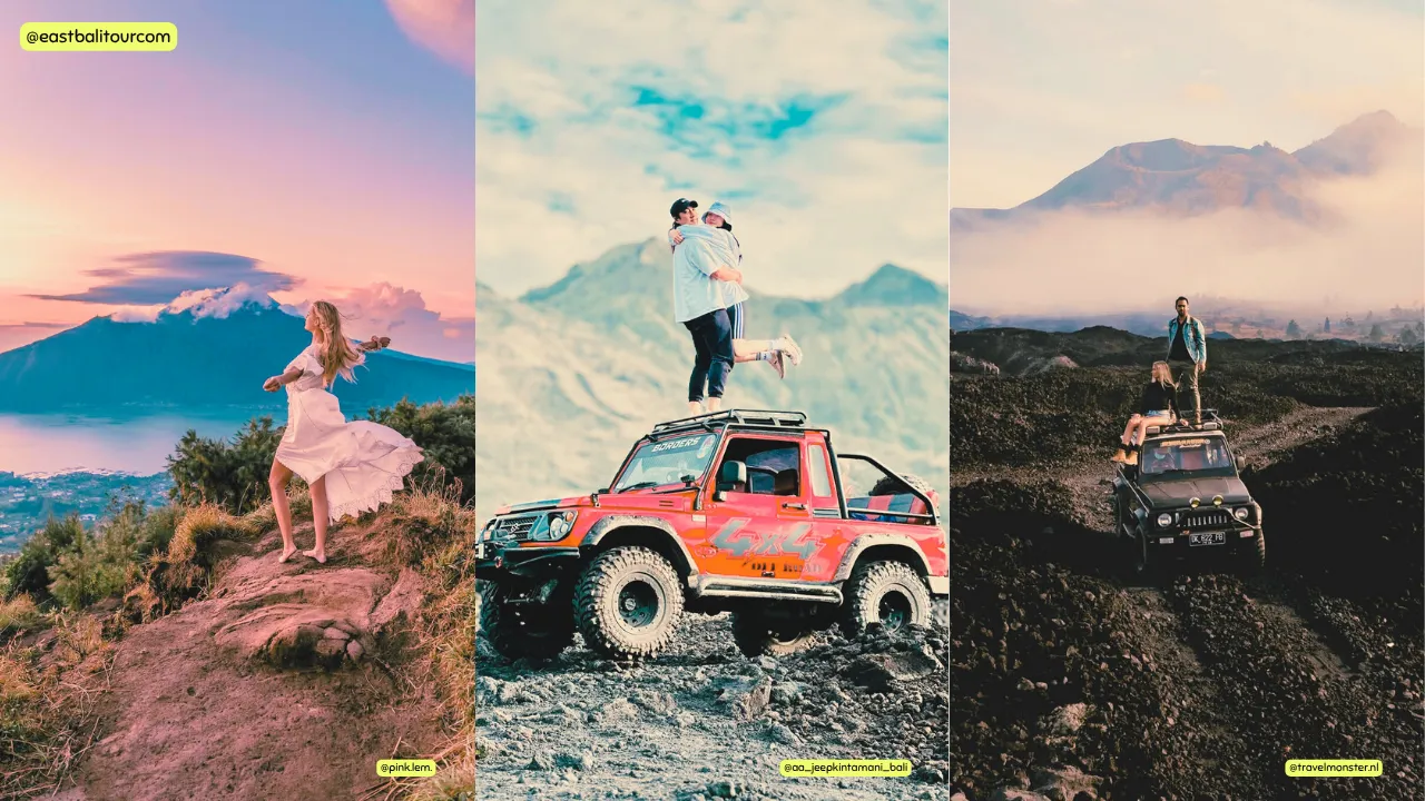 Tour en Jeep al amanecer en Bali sobre el volcán Batur con vistas panorámicas y terreno volcánico