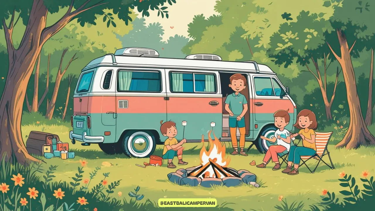 Comfortable campervan setup for family camping with young kids