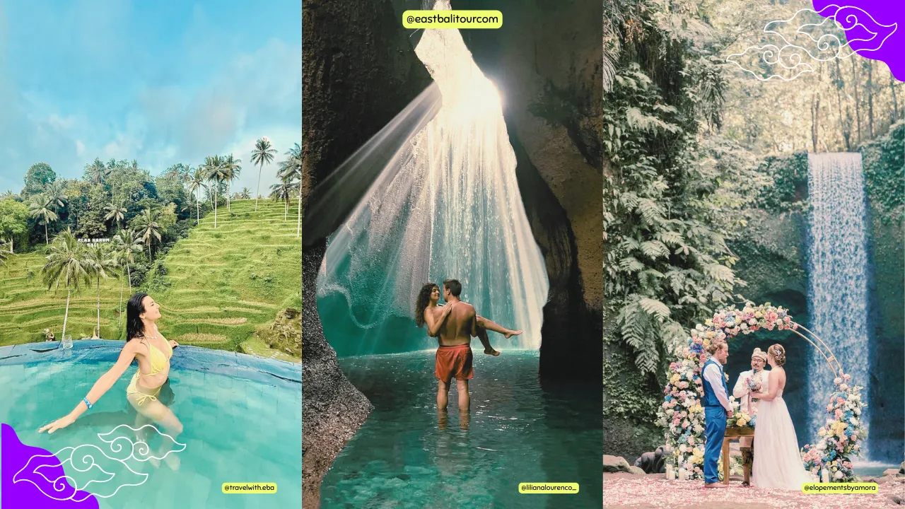 Tour de Cascadas en Ubud 1 Viajero disfrutando de un baño refrescante en una cascada escondida cerca de Ubud, rodeado de vegetación tropical y formaciones rocosas naturales.