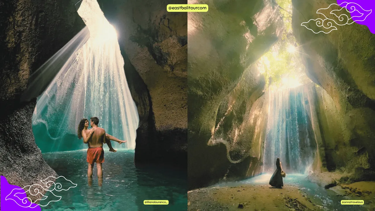 Tour de Cascadas en Ubud 2 Viajero admirando los rayos de sol que atraviesan la cueva de Tukad Cepung, rodeado de formaciones rocosas y vegetación tropical en una excursión por las cascadas de Ubud.