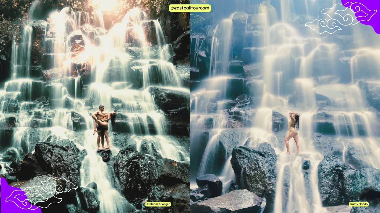 ウブドのジャングルにあるカントランポ滝で、階段状の岩肌を流れる水の前でポーズをとる旅行者の姿。