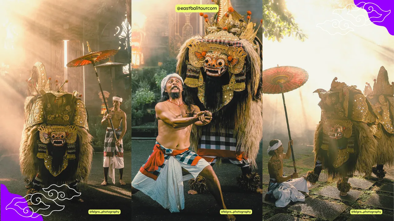 Tour Cultural de Bali – Espectáculo Tradicional de Danza Barong y Keris 1 Danzantes balineses interpretando el Barong en un templo tradicional, rodeados de música gamelán y energía espiritual.