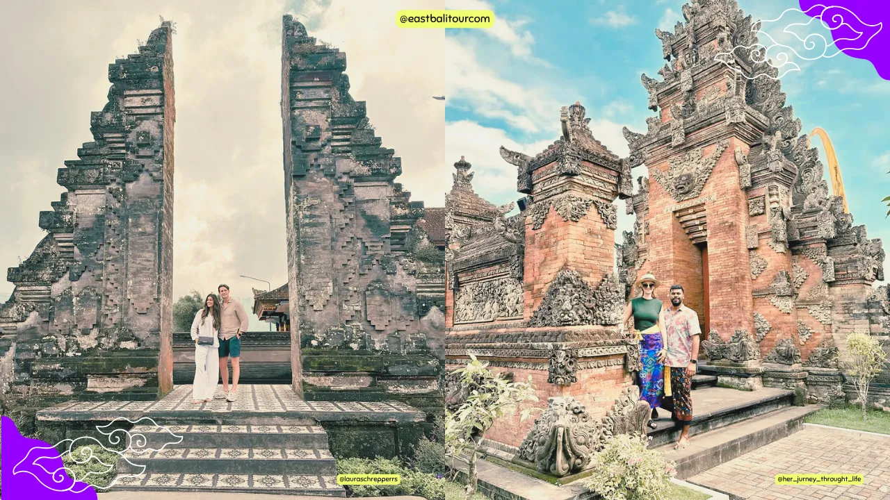Tour Cultural de Bali – Espectáculo Tradicional de Danza Barong y Keris 4 Detalle de las intrincadas tallas de piedra en el templo de Batuan, con arquitectura balinesa tradicional y guardianes ceremoniales.