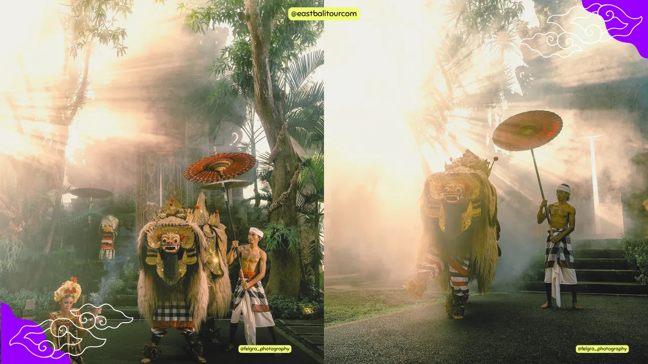 バリ島文化ツアー - バロンとケリスの伝統舞踊を披露するバリ島の舞台、神話を描く神聖なパフォーマンス