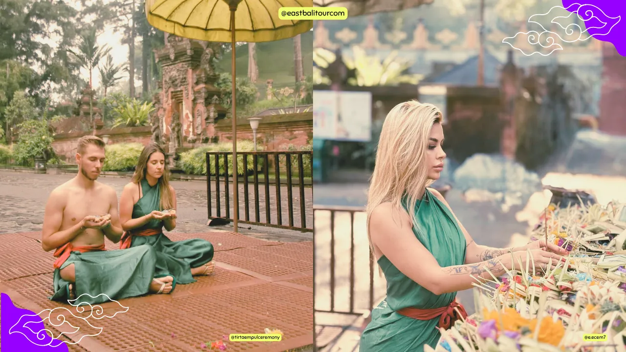 Templo Tirta Empul 11 Visitantes realizando el ritual de purificación en el Templo Tirta Empul, rodeado de aguas sagradas, esculturas de piedra y naturaleza tropical en Bali.