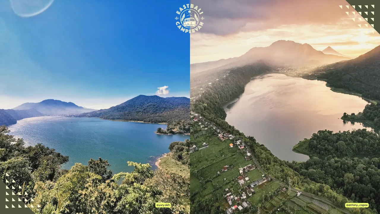 Buyan Lake Camping Spot Bali – tranquil lakeside campsite surrounded by pine forest and misty mountain views.