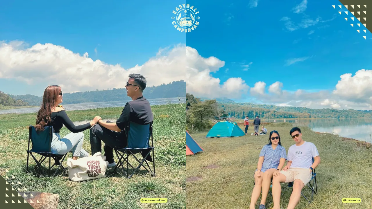 Camping at Buyan Lake Bali – misty sunrise escape with tranquil lakeside views and lush forest surroundings.