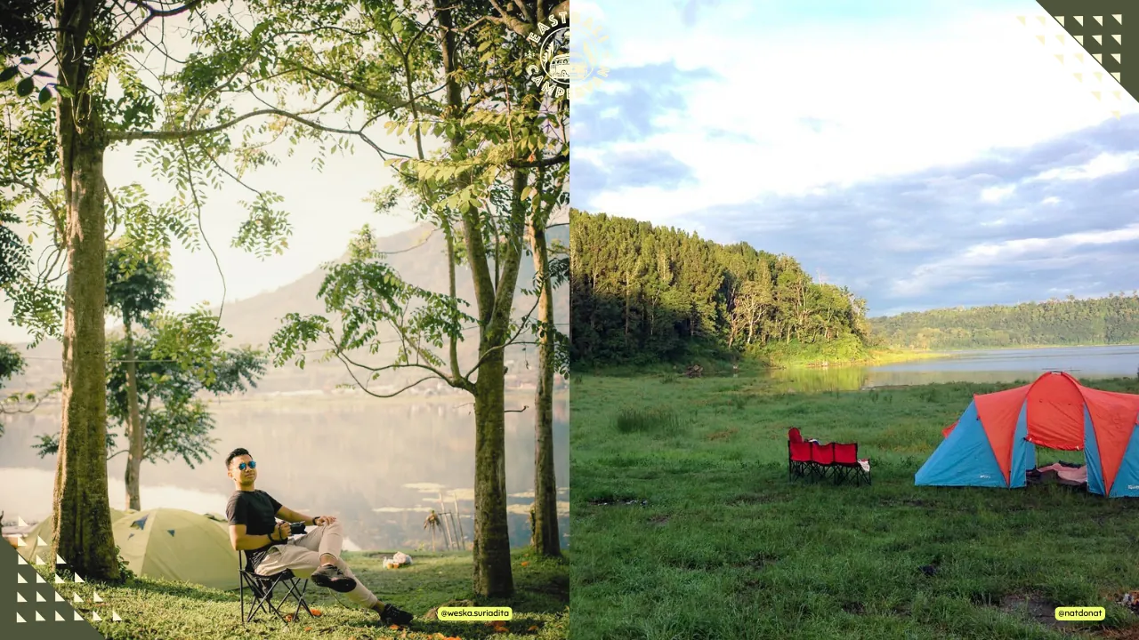 Camping at Buyan Lake Bali – peaceful getaway with tranquil lakeside views, pine forest surroundings, and cool mountain air.