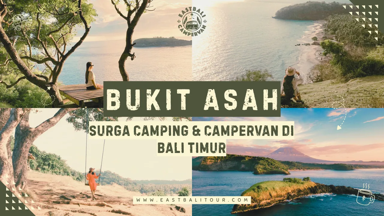 Camping di Bukit Asah Bali dengan mobil campervan, panorama laut lepas dan tebing hijau
