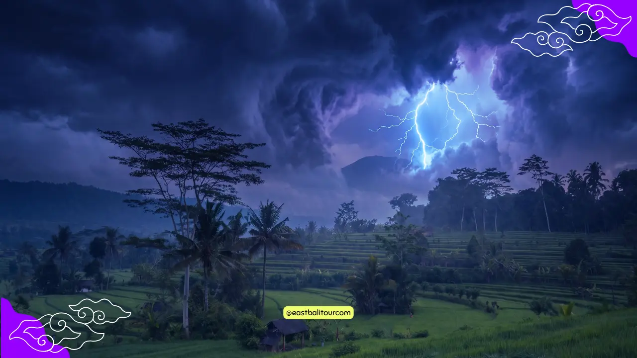 Bali weather alert image showing tropical storm clouds clearing into sunny paradise skies