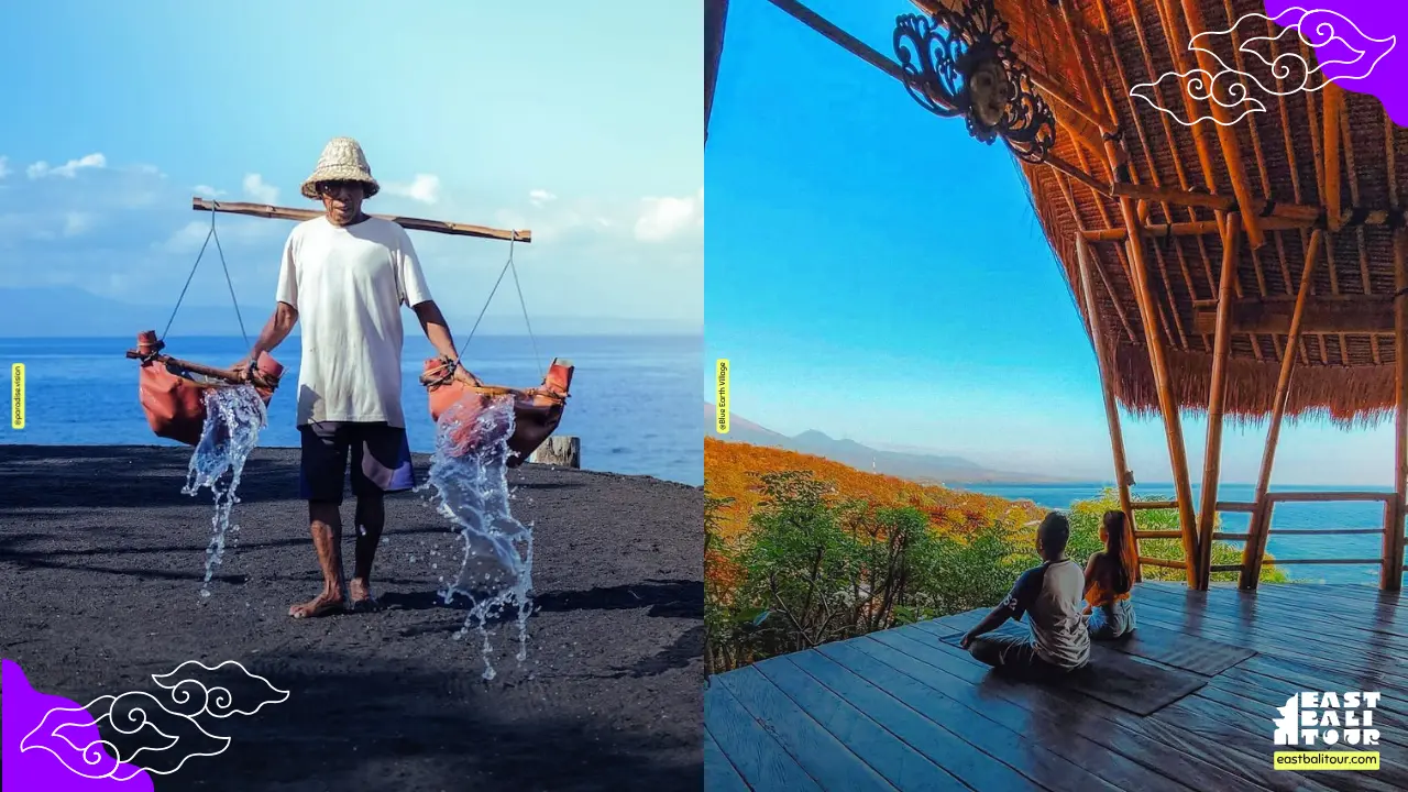 7-Day Bali Itinerary: The Hidden East Route 8 Traditional sea salt crystallization pans at the Amed Salt Farms and the sunset view from Blue Earth Village on a 7-Day Bali Itinerary.