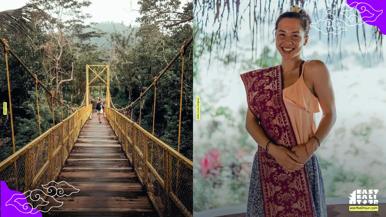 7-Day Bali Itinerary: The Hidden East Route 6 The scenic Jembatan Kuning Yellow Bridge and a local artisan at the Traditional Weaving Center on a 7-Day Bali Itinerary.
