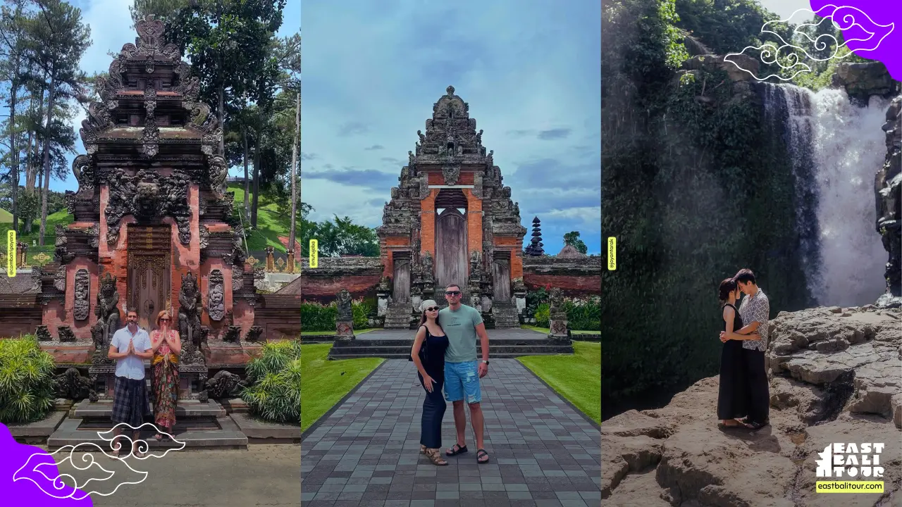 A romantic couple exploring a Balinese temple, highlighting essential packing tips and must-visit locations for a Bali honeymoon guide.