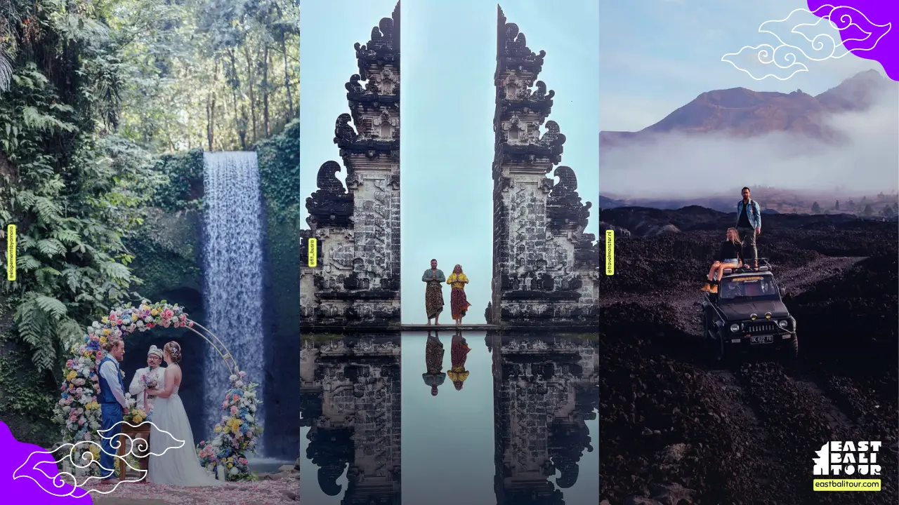 Romantic couple at Lempuyang Temple Gate of Heaven, a must-visit spot on a Bali honeymoon itinerary for viral travel photos.