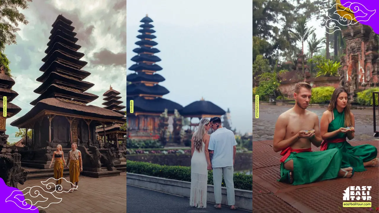 A romantic couple standing before a Balinese temple, a key highlight of a 7-day Bali honeymoon itinerary and romantic travel guide.