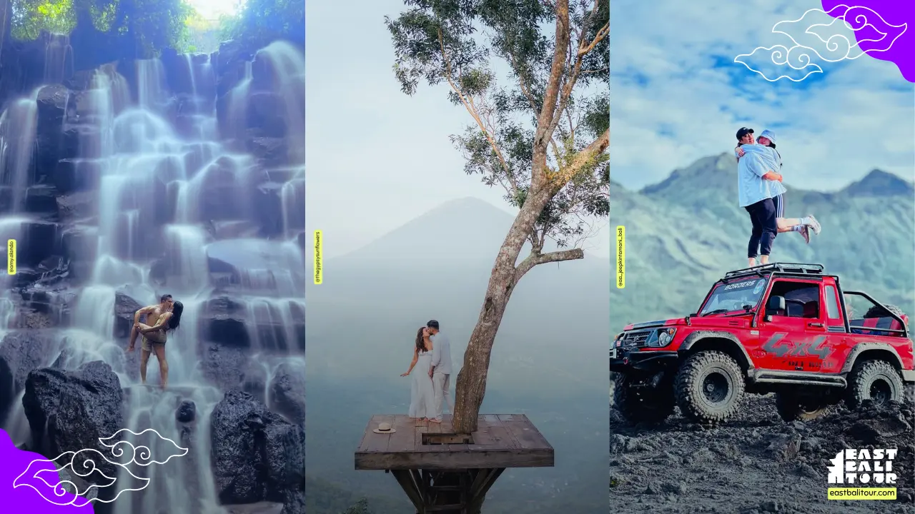 A couple enjoying a private sunrise jeep tour in Kintamani during their Bali honeymoon, overlooking Mount Batur and volcanic landscapes.