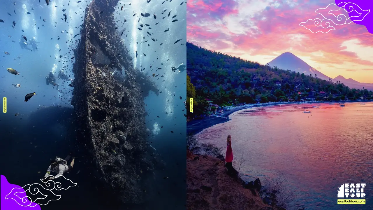 Itinerario de 7 dias por Bali: Buceo en el naufragio de Tulamben y vistas desde la playa Jemeluk en Amed.