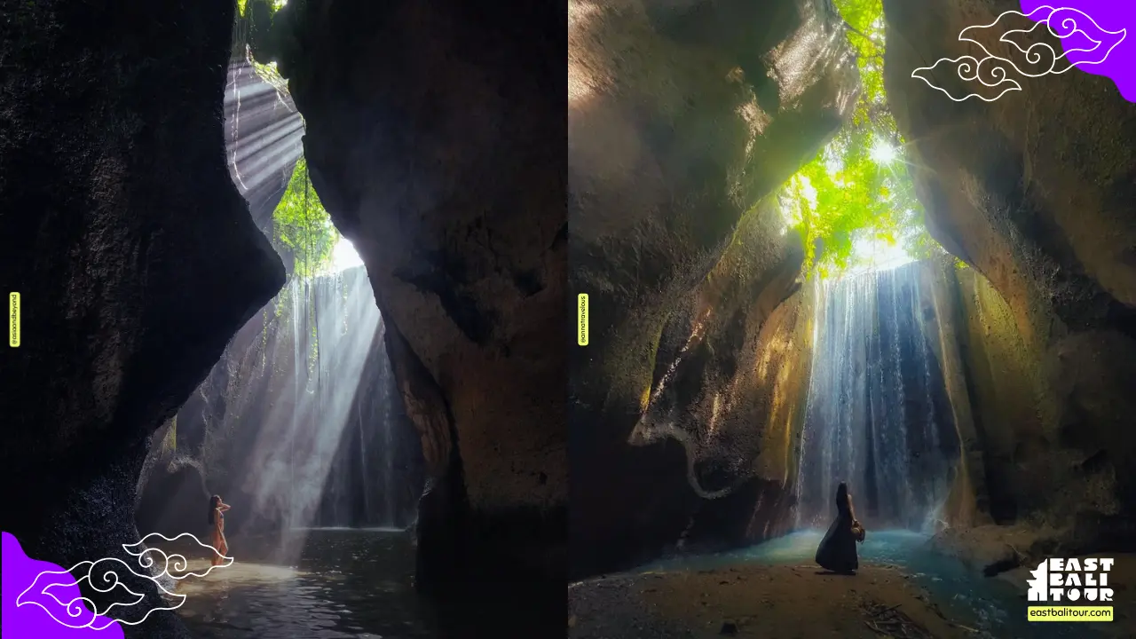 Itinerario de Bali en 7 Dias: Los espectaculares rayos de sol iluminando la cascada de la cueva Tukad Cepung.