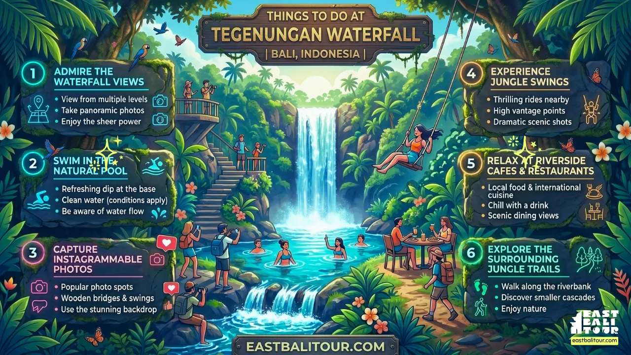 Tourists swimming in the plunge pool and exploring things to do at Tegenungan Waterfall Bali