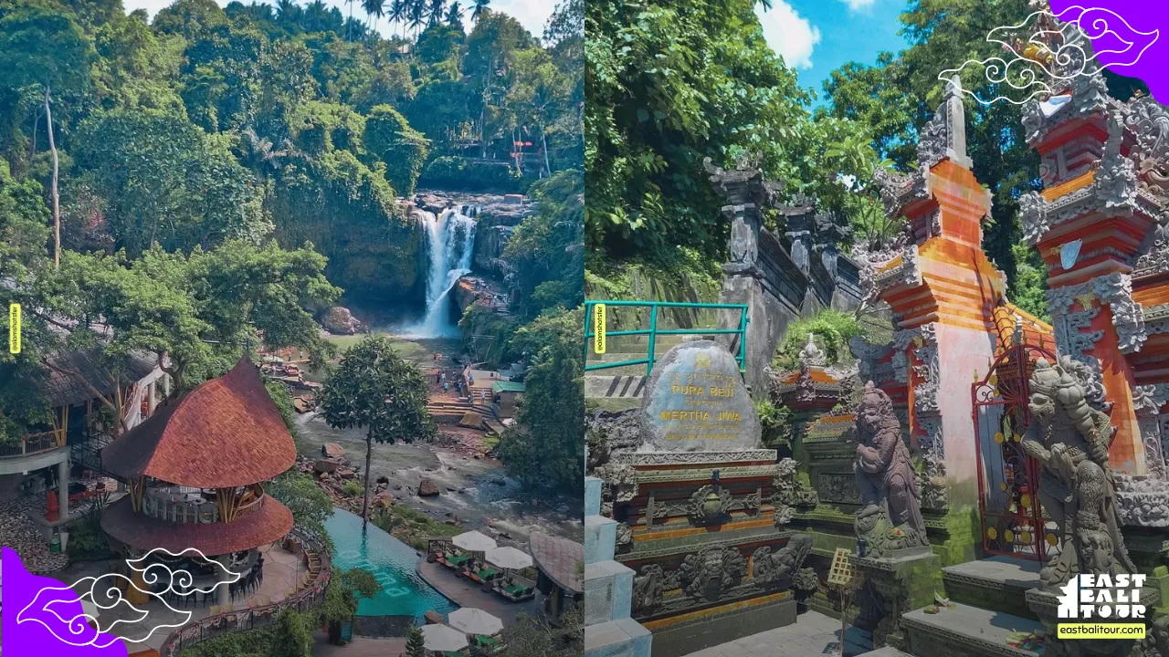 Travelers exploring Tegenungan Waterfall and tropical rainforest in Bali