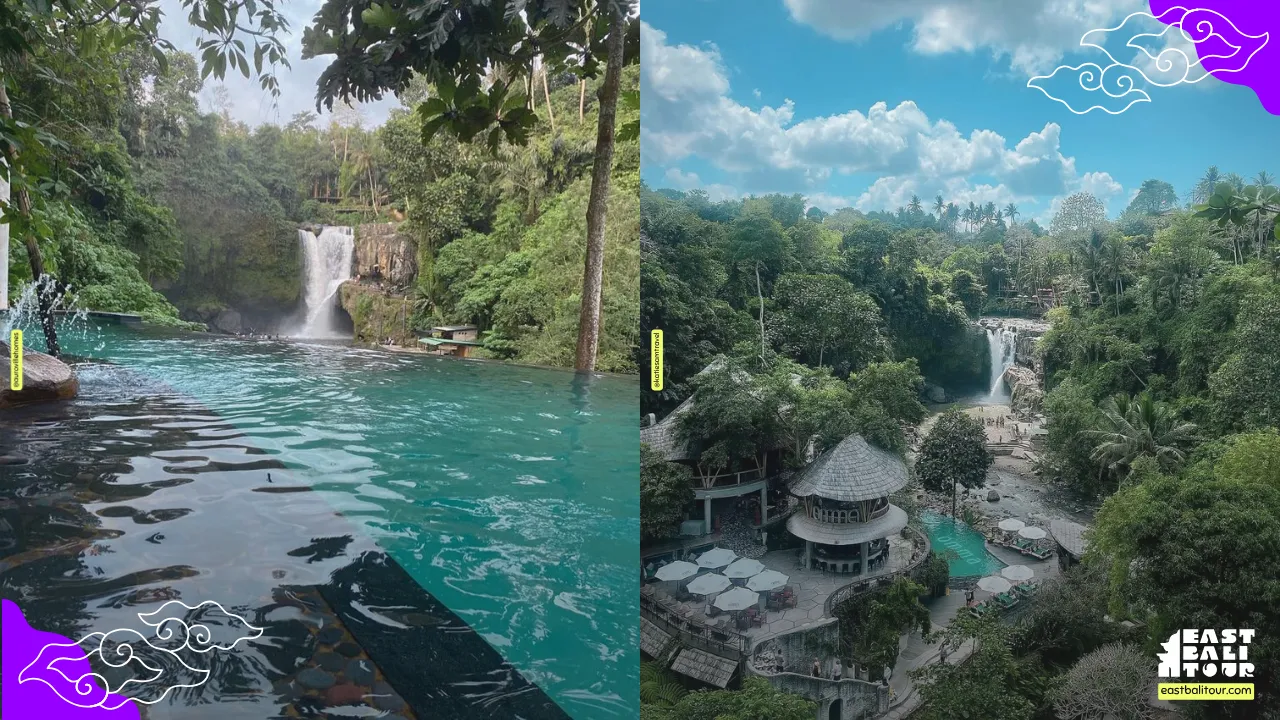 Tegenungan Waterfall Bali surrounded by lush tropical jungle and cascading water