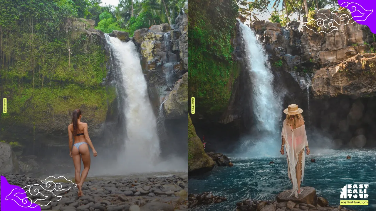 Tegenungan Waterfall with crystal-clear water and tropical rainforest landscape