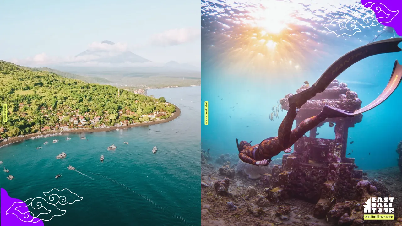 Amed snorkeling at Jemeluk Bay featuring healthy coral reefs and diverse sea life in East Bali