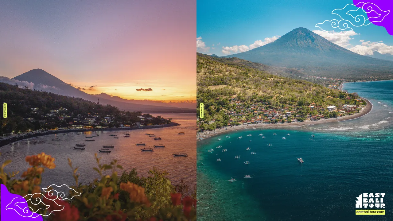 Amed Snorkeling Guide. Crystal-clear morning waters for Amed snorkeling with a scenic view of Mount Agung in East Bali