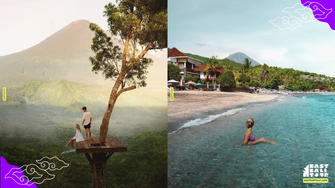Panoramic coastal view of Amed bay and vibrant coral reefs with Mount Agung in East Bali